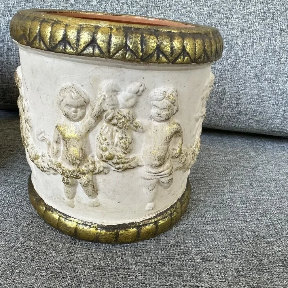 Cherub Putti Vase Planter Lot of 2 Gold Cream Round Ornate Reproduction Pottery